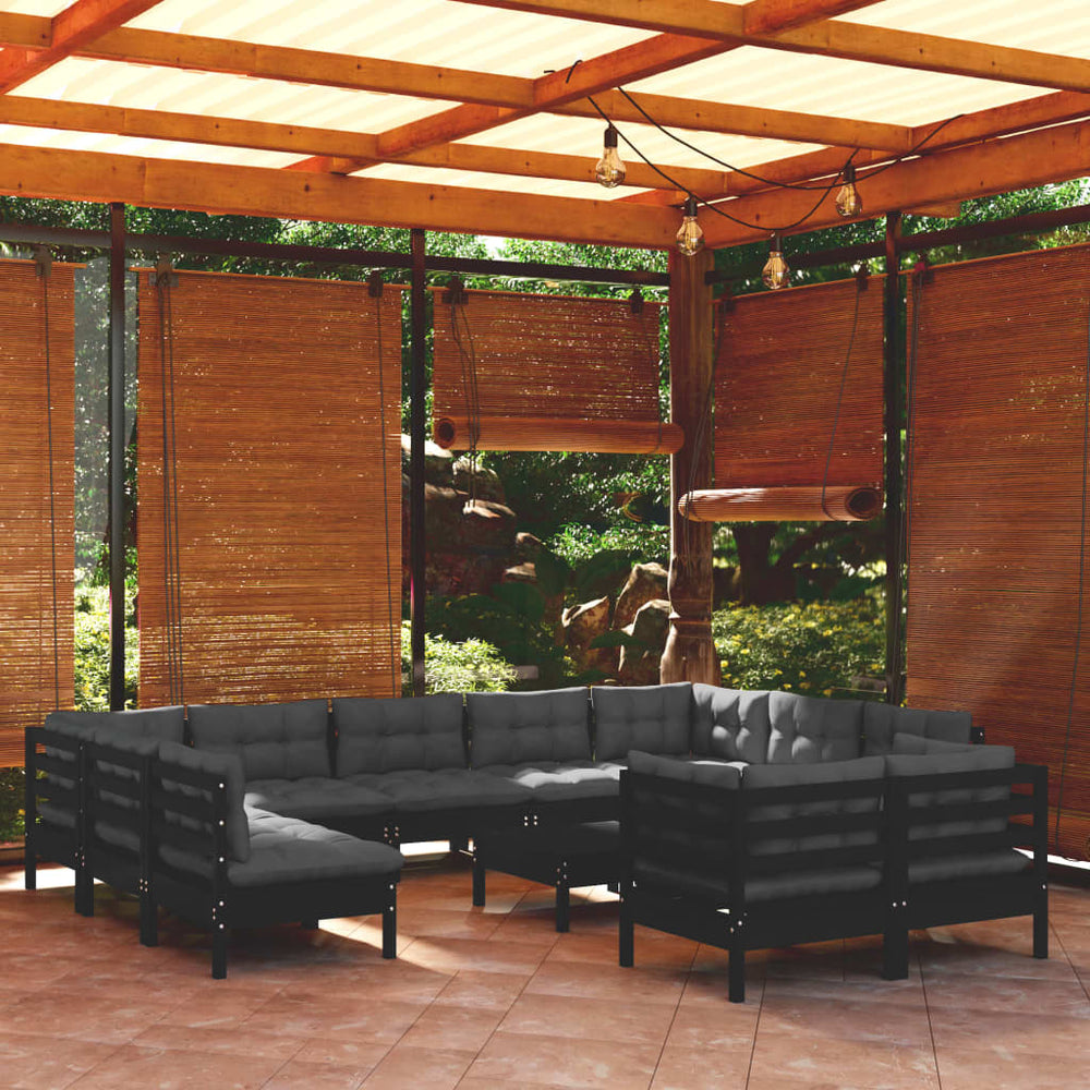 vidaXL Salon de jardin 12 pcs avec coussins Noir Bois de pin massif