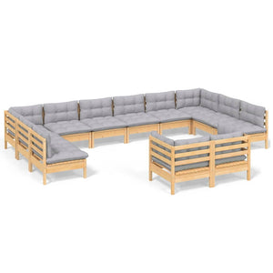 12-tlg. Garten-Lounge-Set mit Grauen Kissen Kiefer Massivholz