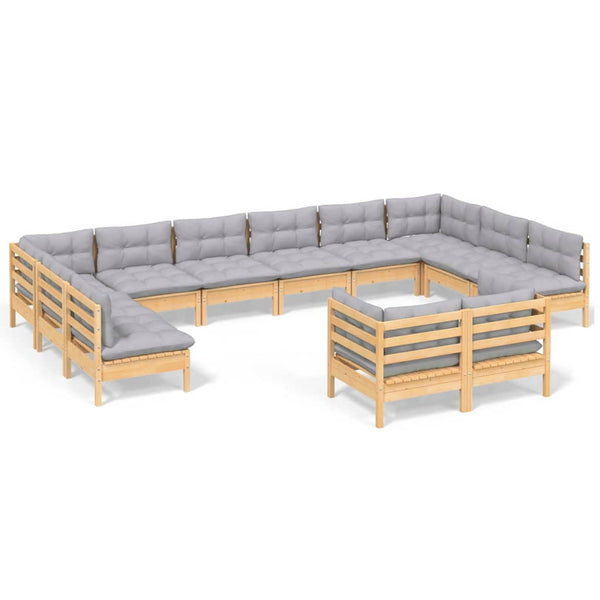 12-tlg. Garten-Lounge-Set mit Grauen Kissen Kiefer Massivholz