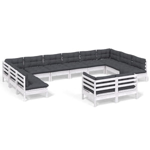 12-tlg. Garten-Lounge-Set mit Kissen Weiß Kiefer Massivholz