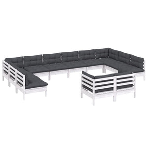 12-tlg. Garten-Lounge-Set mit Kissen Weiß Kiefer Massivholz