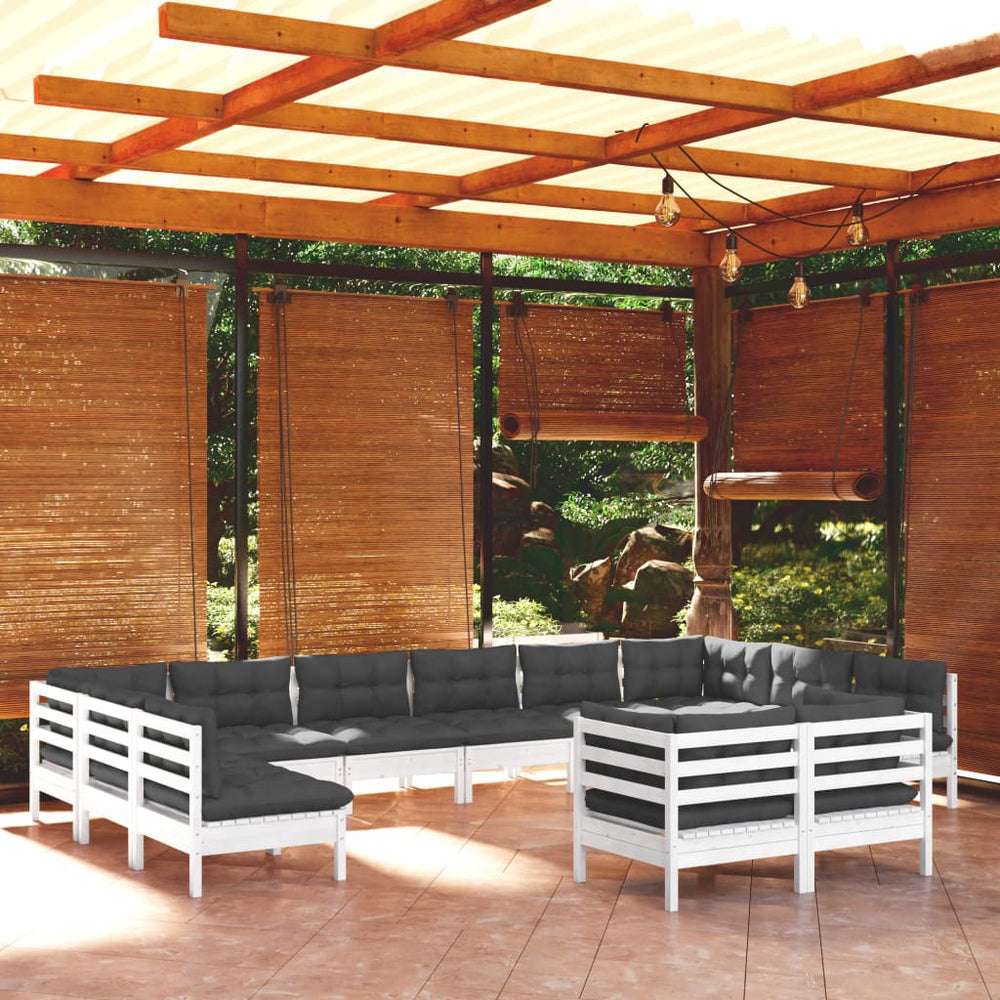 vidaXL Salon de jardin 12 pcs avec coussins Blanc Pin massif
