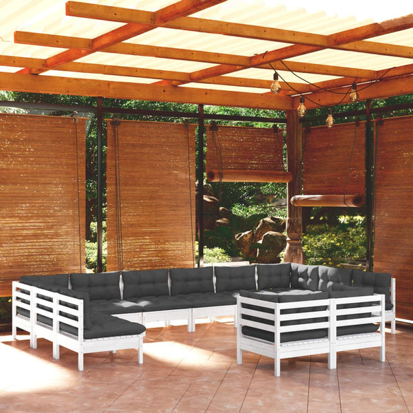 12-tlg. Garten-Lounge-Set mit Kissen Weiß Kiefer Massivholz