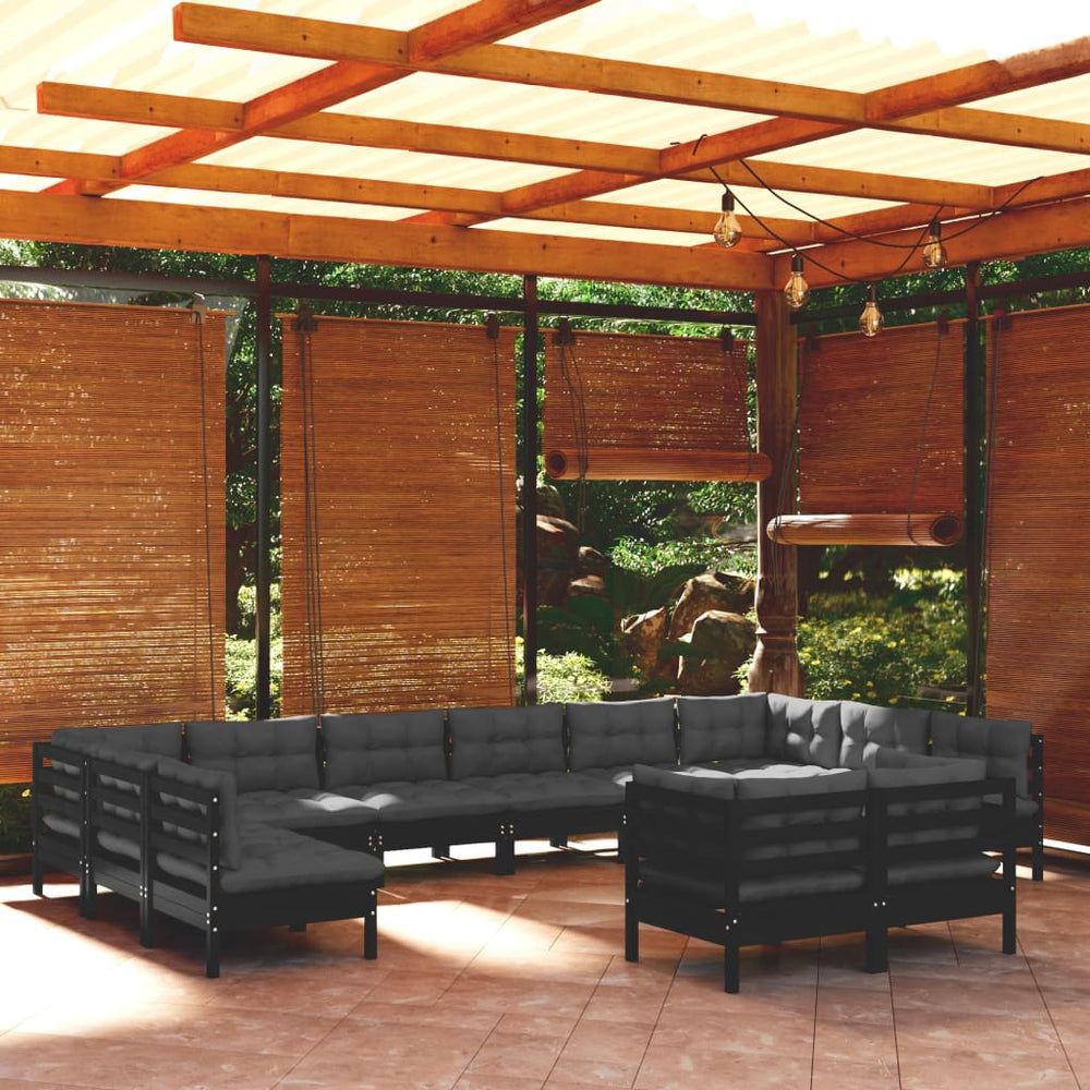 vidaXL Ensemble de salon de jardin 12 pcs avec coussins Noir Bois de pin massif