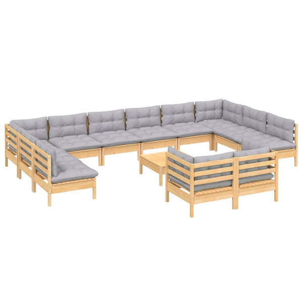 13-tlg. Garten-Lounge-Set mit Grauen Kissen Kiefernholz