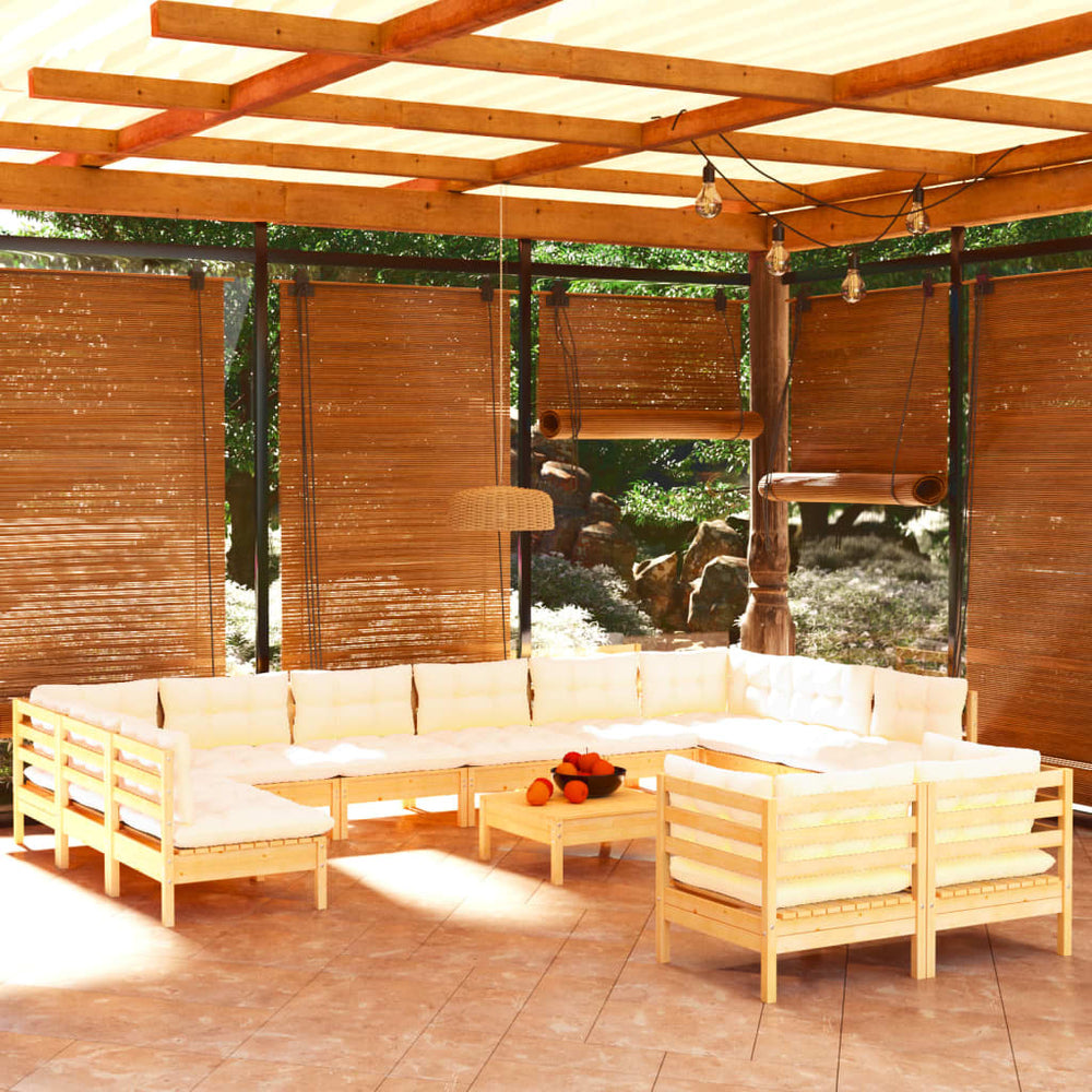 vidaXL Salon de jardin 13 pcs avec coussins crème en bois de pin