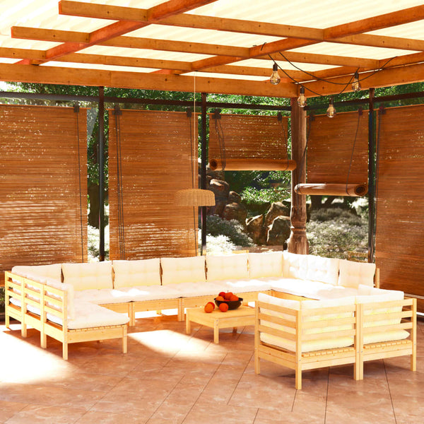 13-tlg. Garten-Lounge-Set mit Creme Kissen Kiefernholz