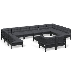 13-tlg. Garten-Lounge-Set mit Kissen Schwarz Kiefernholz