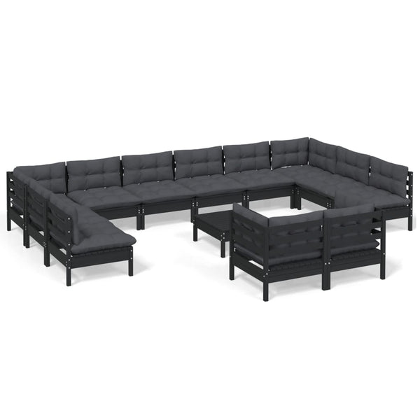 13-tlg. Garten-Lounge-Set mit Kissen Schwarz Kiefernholz