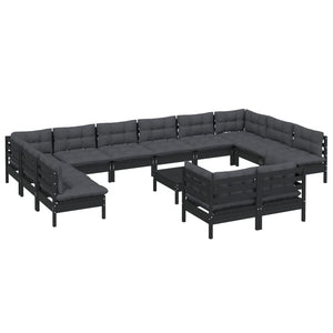 13-tlg. Garten-Lounge-Set mit Kissen Schwarz Kiefernholz