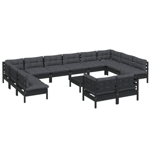 13-tlg. Garten-Lounge-Set mit Kissen Schwarz Kiefernholz