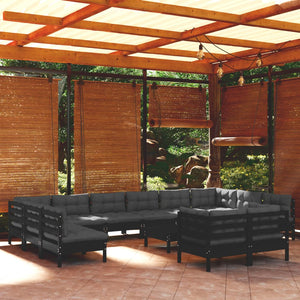 13-tlg. Garten-Lounge-Set mit Kissen Schwarz Kiefernholz