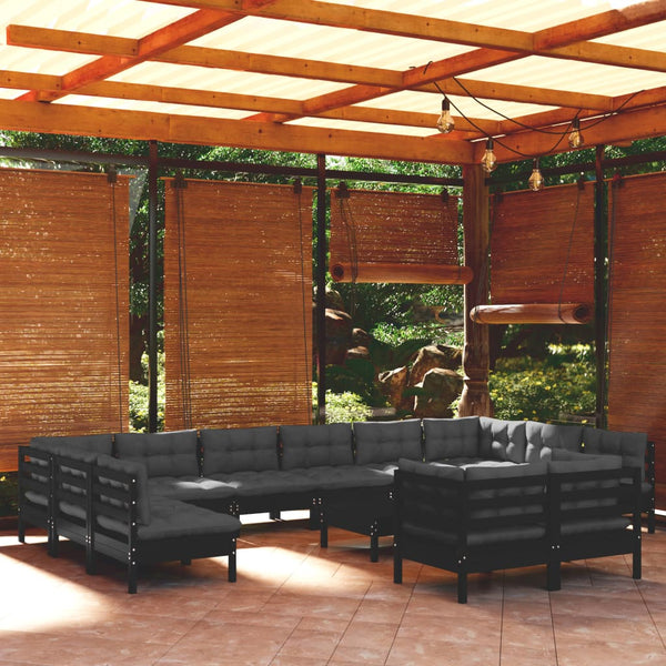 13-tlg. Garten-Lounge-Set mit Kissen Schwarz Kiefernholz