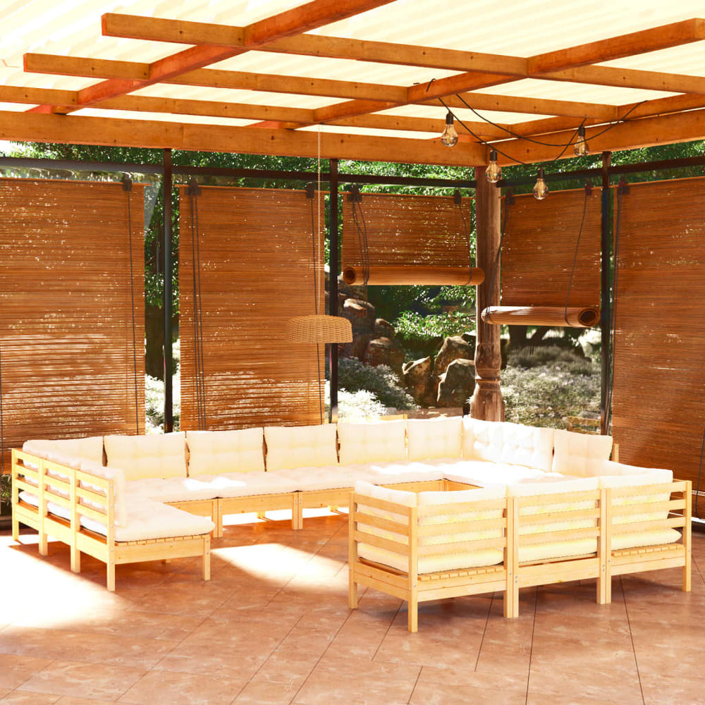 vidaXL Salon de jardin 13 pcs avec coussins crème en bois de pin