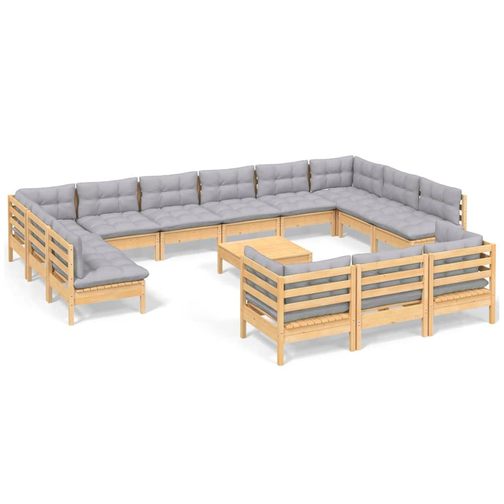 vidaXL Salon de jardin 14 pcs avec coussins gris Bois de pin