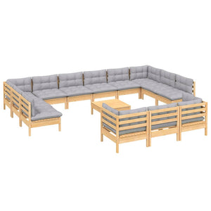 14-tlg. Garten-Lounge-Set mit Grauen Kissen Kiefernholz