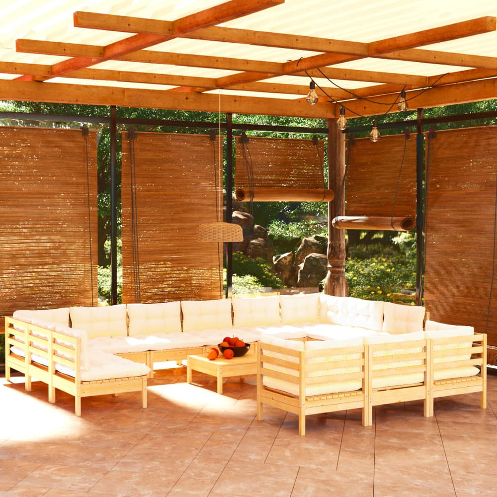 vidaXL Salon de jardin 14 pcs avec coussins crème en bois de pin