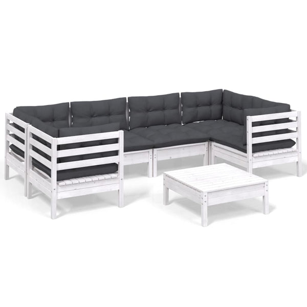 7-tlg. Garten-Lounge-Set mit Kissen Weiß Kiefernholz