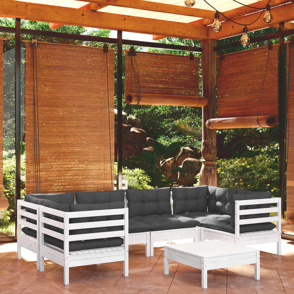 7-tlg. Garten-Lounge-Set mit Kissen Weiß Kiefernholz