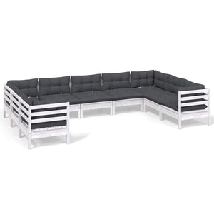 9-tlg. Garten-Lounge-Set mit Kissen Weiß Kiefernholz