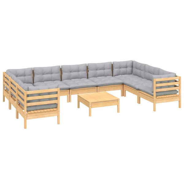 10-tlg. Garten-Lounge-Set mit Grauen Kissen Kiefernholz