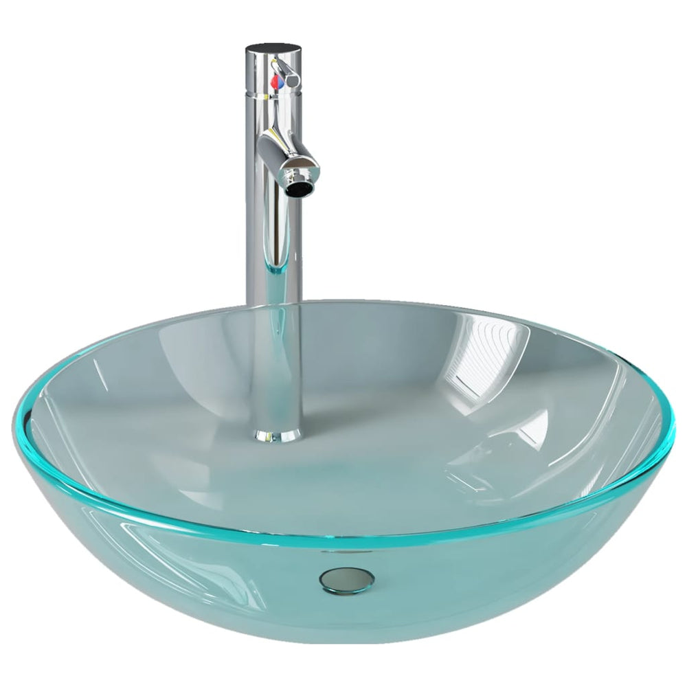 Waschbecken mit Wasserhahn und Ablaufgarnitur aus gehärtetem