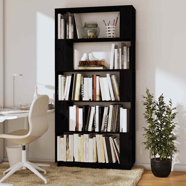Schwarzes Kiefer Massivholz Bücherregal Raumteiler