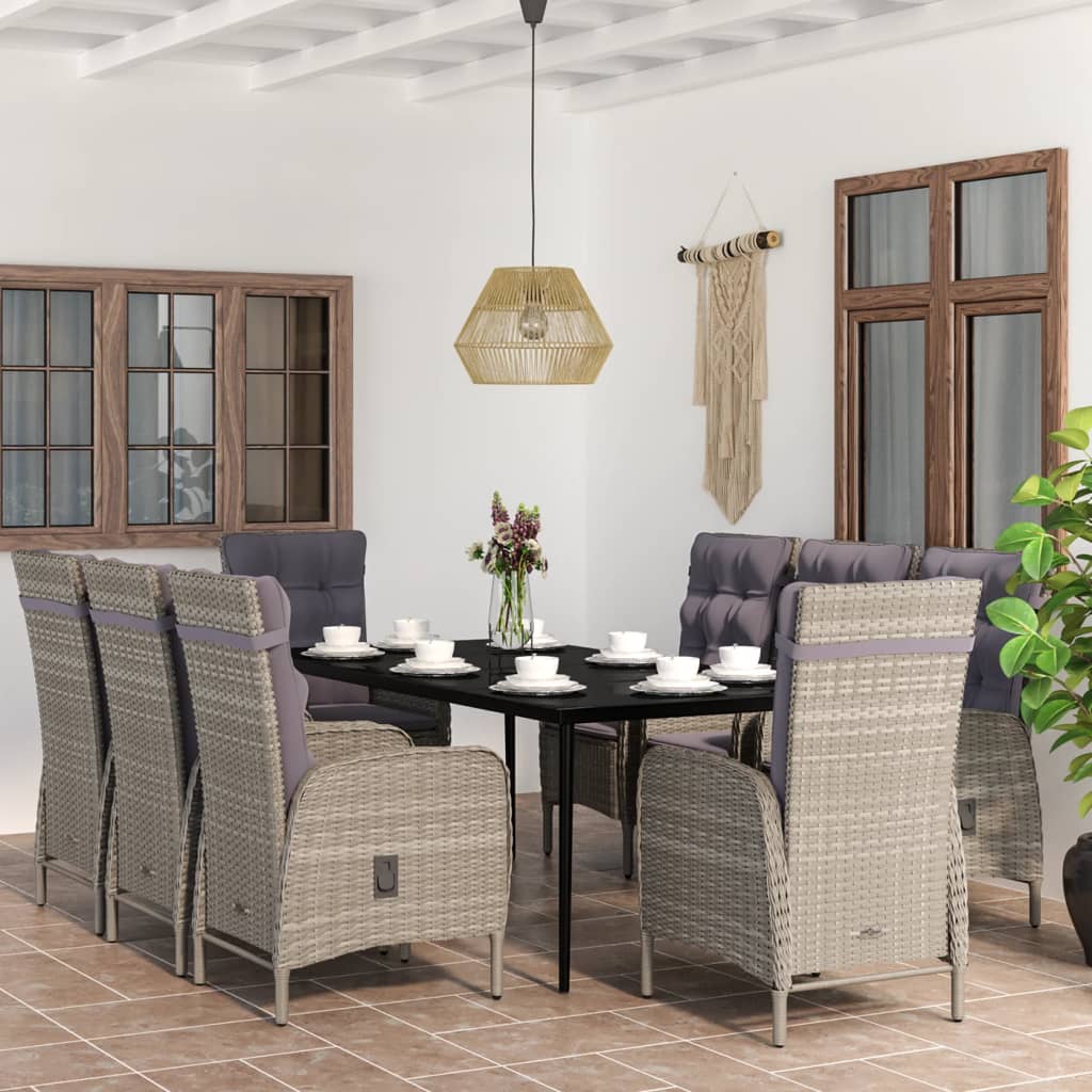9-tlg. Garten-Essgruppe mit Auflagen Grau und Schwarz