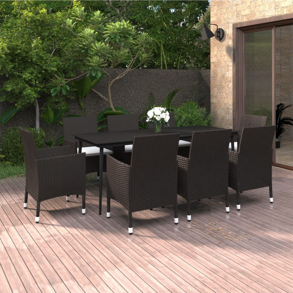 vidaXL Ensemble de salle à manger de jardin 9 pcs avec coussins, résine tressée et verre