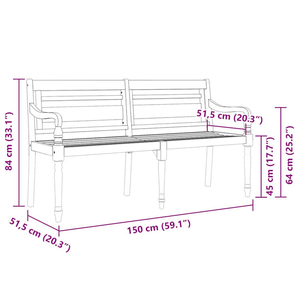 Batavia-Bank mit Kissen Grau Karomuster 150 cm Massivholz Teak