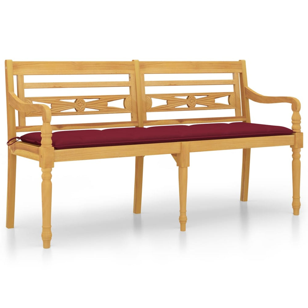 Batavia-Bank mit Weinrotem Kissen 150 cm Massivholz Teak