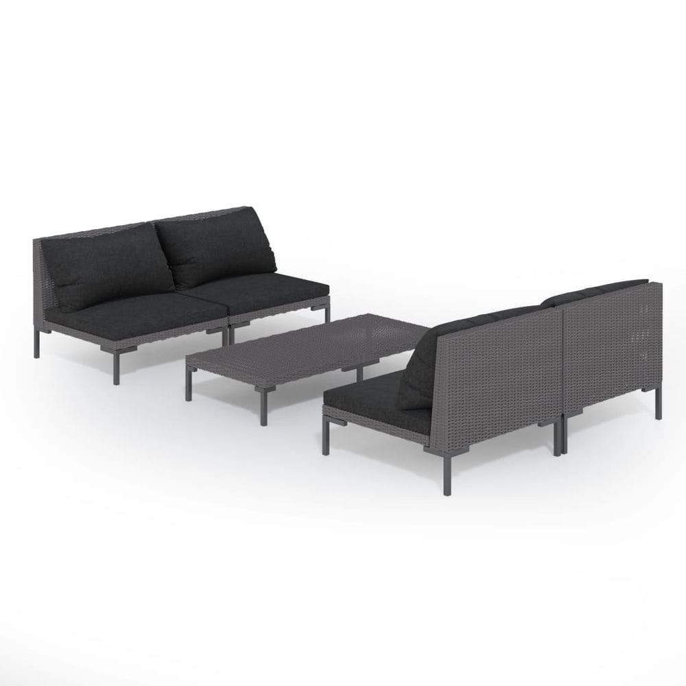 5-tlg. Garten-Lounge-Set mit Kissen Poly Rattan Dunkelgrau