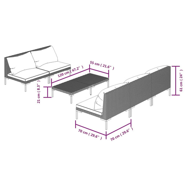 6-tlg. Garten-Lounge-Set mit Kissen Poly Rattan Dunkelgrau