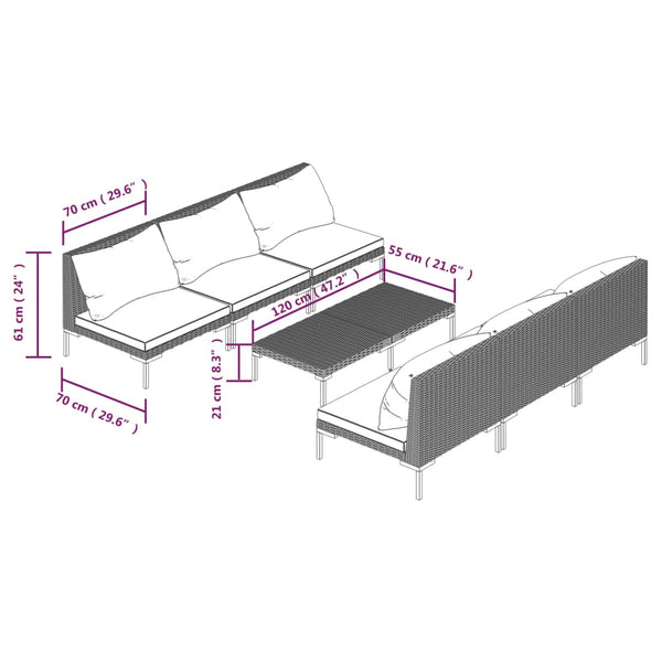 7-tlg. Garten-Lounge-Set mit Kissen Poly Rattan Dunkelgrau