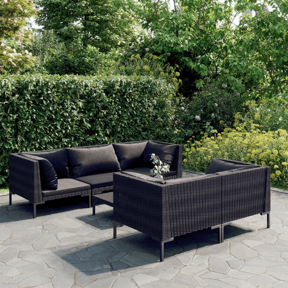 6-tlg. Garten-Lounge-Set mit Kissen Poly Rattan Dunkelgrau