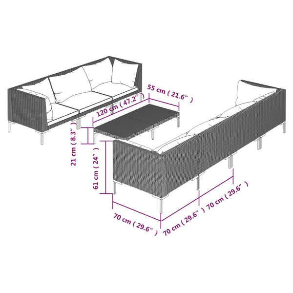 8-tlg. Garten-Lounge-Set mit Kissen Poly Rattan Dunkelgrau
