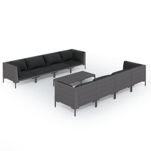 9-tlg. Garten-Lounge-Set mit Kissen Poly Rattan Dunkelgrau