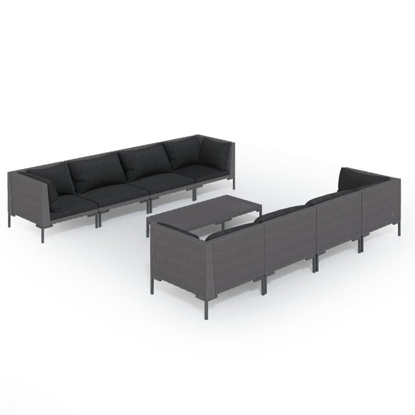 9-tlg. Garten-Lounge-Set mit Kissen Poly Rattan Dunkelgrau