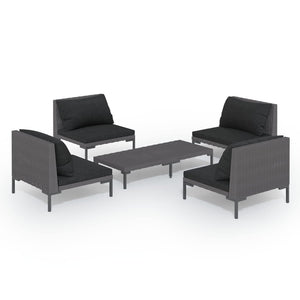 5-tlg. Garten-Lounge-Set mit Kissen Poly Rattan Dunkelgrau