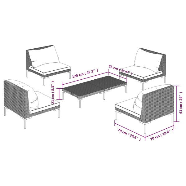 5-tlg. Garten-Lounge-Set mit Kissen Poly Rattan Dunkelgrau