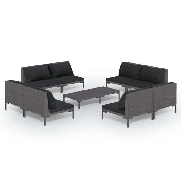 9-tlg. Garten-Lounge-Set mit Kissen Poly Rattan Dunkelgrau
