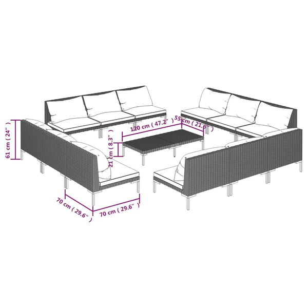 13-tlg. Garten-Lounge-Set mit Kissen Poly Rattan Dunkelgrau
