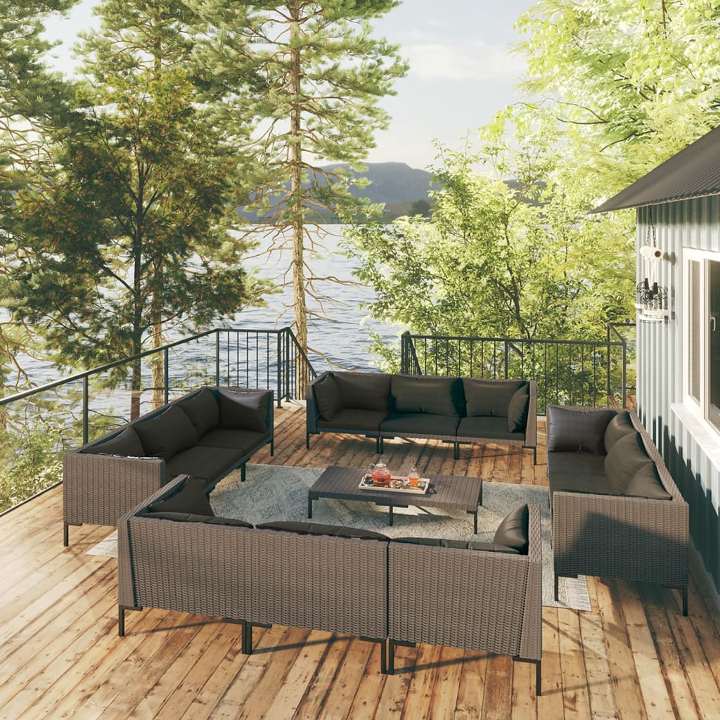 13-tlg. Garten-Lounge-Set mit Kissen Poly Rattan Dunkelgrau