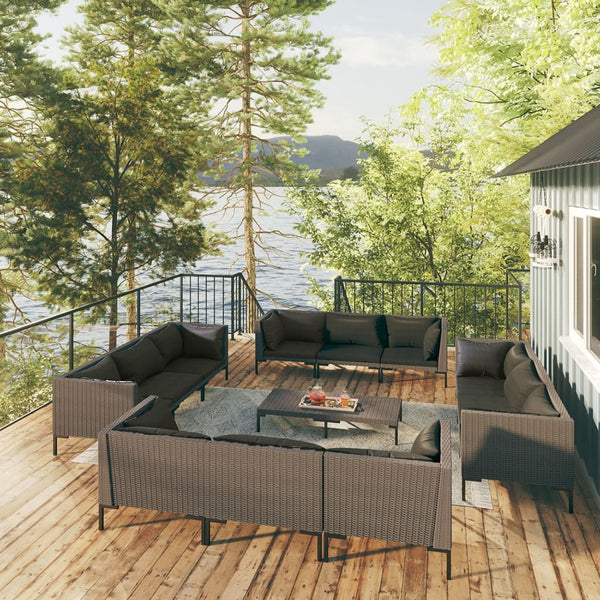 13-tlg. Garten-Lounge-Set mit Kissen Poly Rattan Dunkelgrau