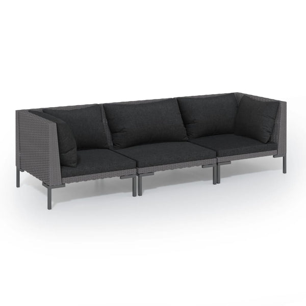 3-tlg. Garten-Lounge-Set mit Kissen Poly Rattan Dunkelgrau
