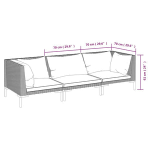 3-tlg. Garten-Lounge-Set mit Kissen Poly Rattan Dunkelgrau