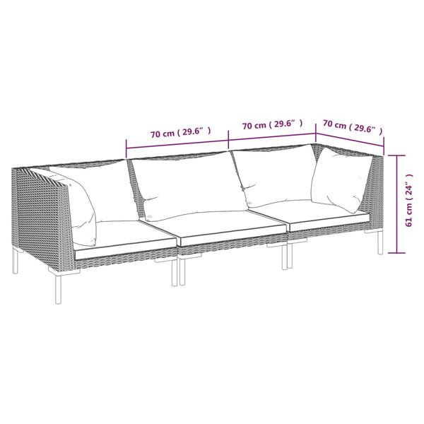 3-tlg. Garten-Lounge-Set mit Kissen Poly Rattan Dunkelgrau