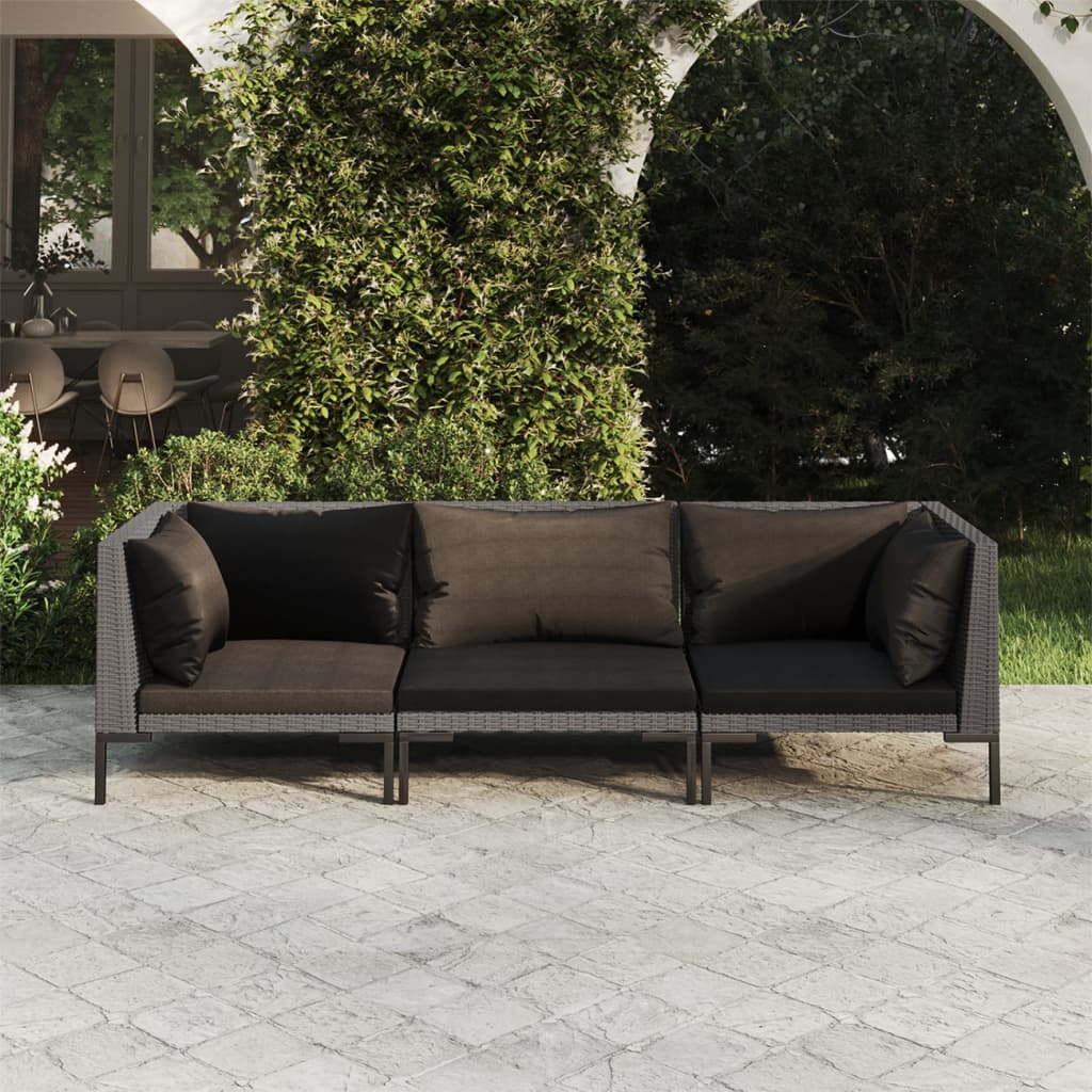 3-tlg. Garten-Lounge-Set mit Kissen Poly Rattan Dunkelgrau