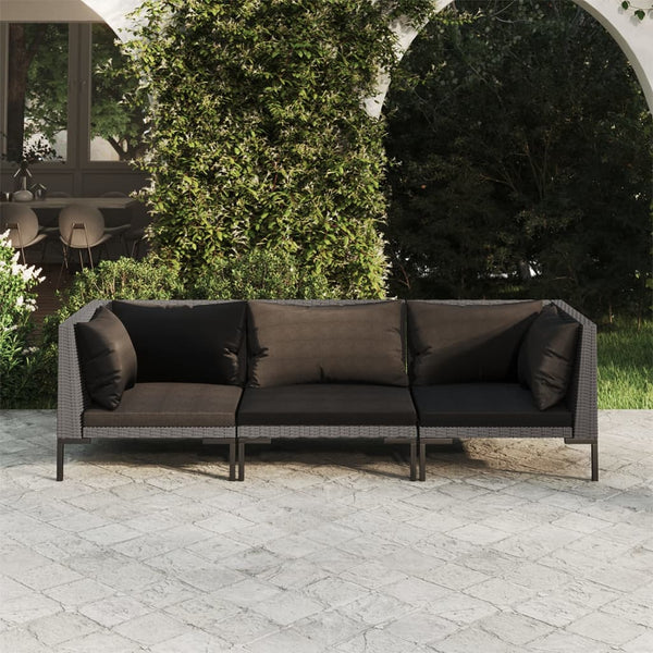 3-tlg. Garten-Lounge-Set mit Kissen Poly Rattan Dunkelgrau