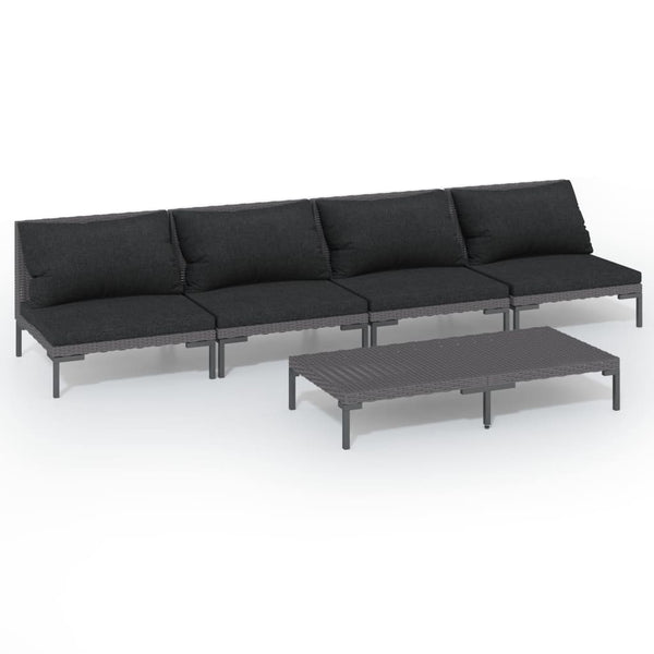 5-tlg. Garten-Lounge-Set mit Kissen Poly Rattan Dunkelgrau
